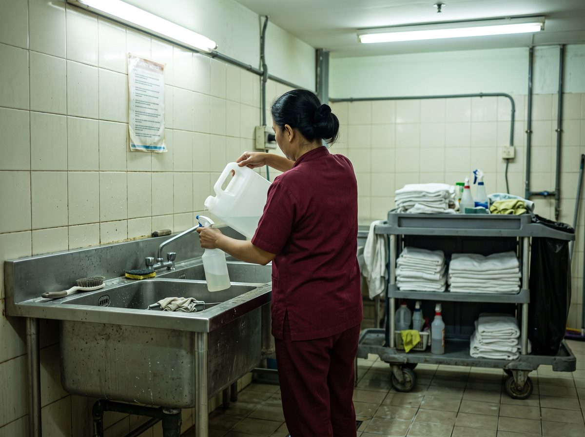 Petugas housekeeping menuang cairan pembersih dari jerigen